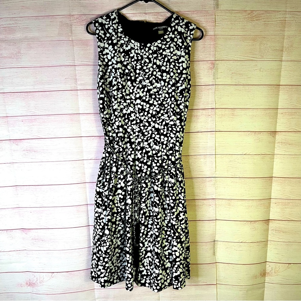 Karl Lagerfeld Paris‎ Black White Floral Silver Chain Belt Fringe Dress Size 14